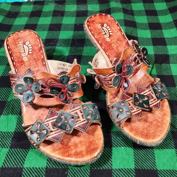 Spring Step Savory Kitten Heel Sandal Brown Leather Slide Womens Size 7 - Picture 1 of 3